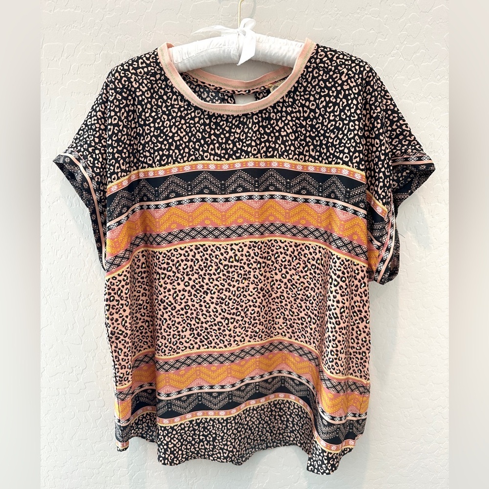 🆕 DEMOCRACY | Boho Chic Animal Print Striped Silky Keyhole Tunic Top | XL
